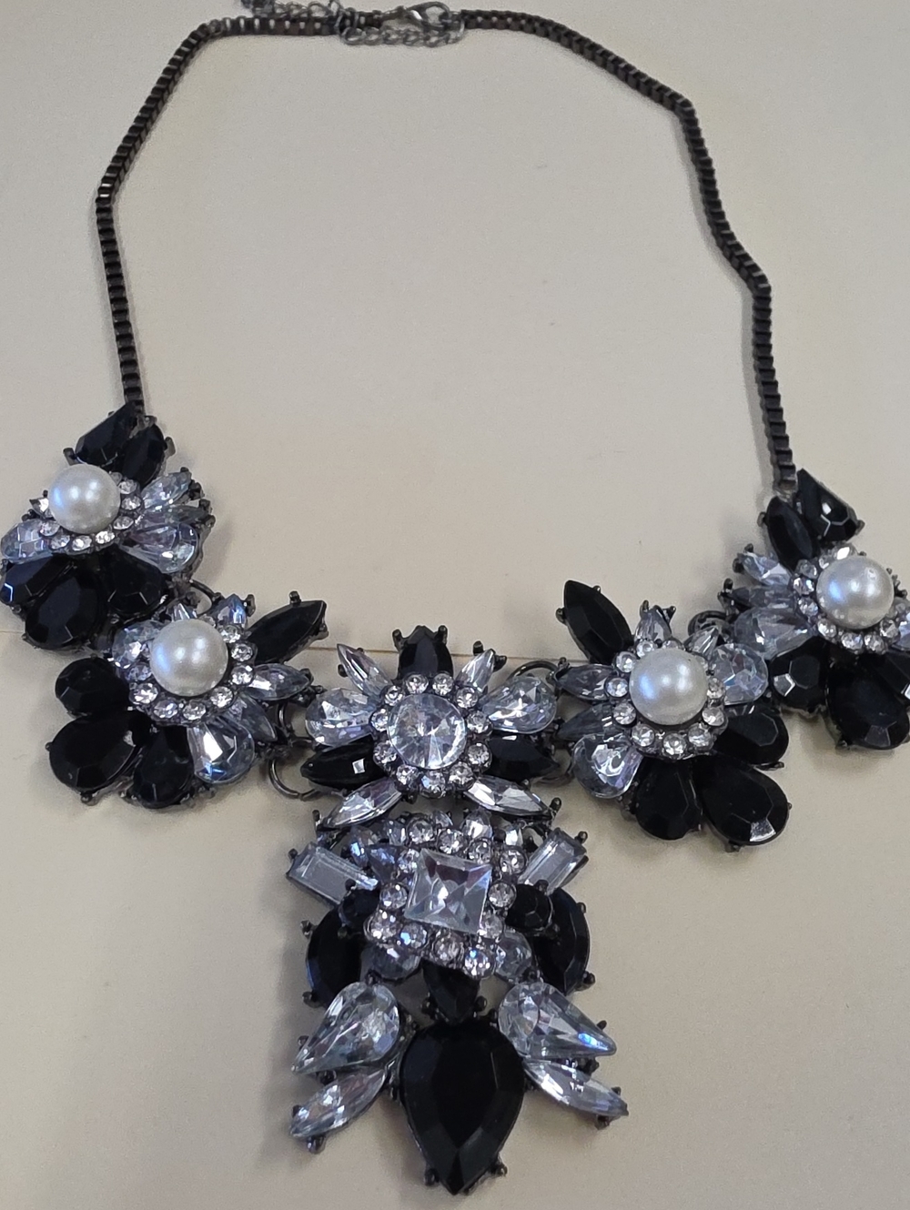 Statement Black and Clear Crystal Floral Necklace with Pearl Accents
